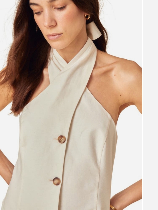 Nobody's Child Gio Organic And Cotton Sleeveless Halter Button-Front Cream Dress - Picture 4 of 9